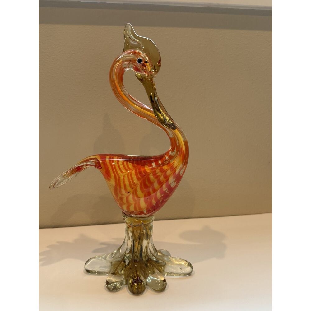 Vintage MCM Murano Style Hand Blown Art Glass Heron Egret Bird Amber Orange 13”